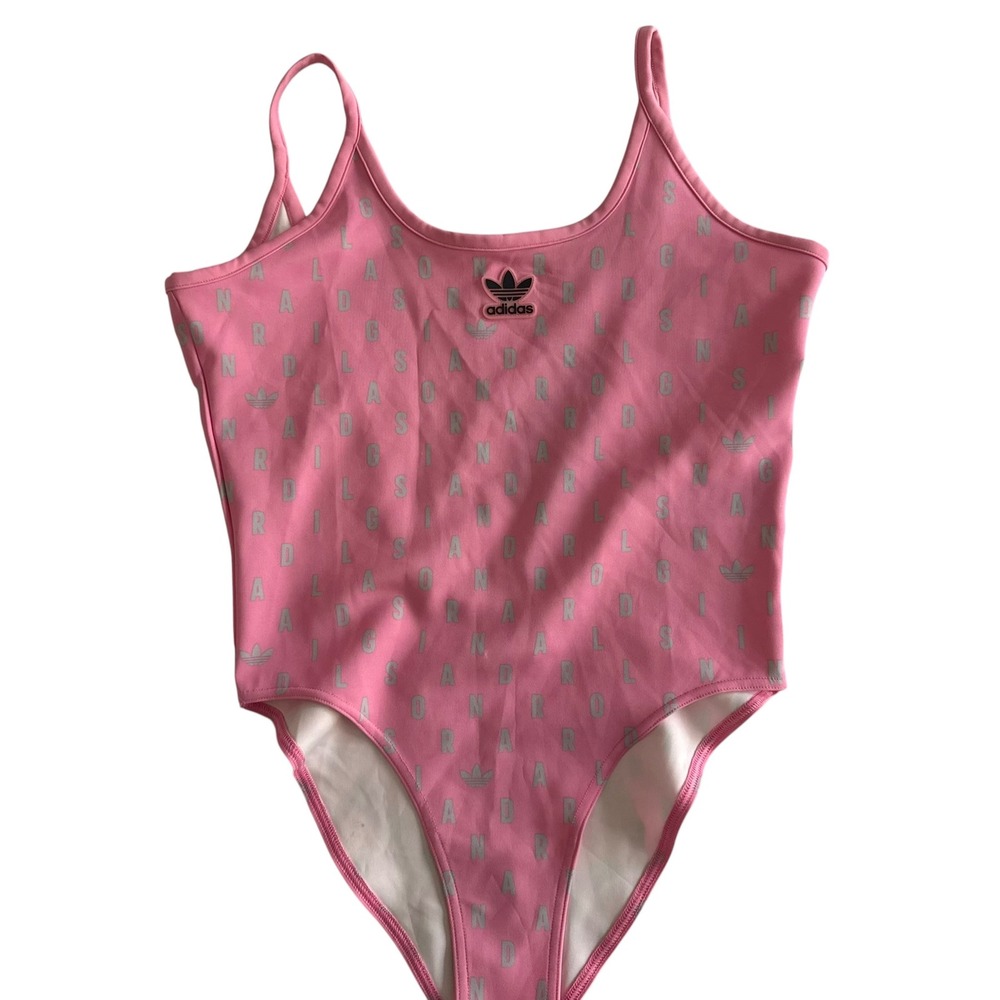 NWT ADIDAS Originals Pink Allover Logo Plunge‎ Back Ladies Tank Bodysuit, M